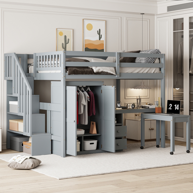 Gray Full Loft Bed with Wardrobe and Rolling Desk