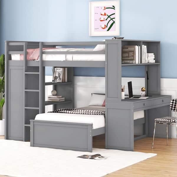 Gray L-Shaped Bunk Bed featuring Integrated Wardrobe, Desk, and Hutch