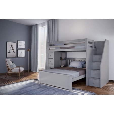 Gray L-Shaped Bunk Bed with Stairs and Integrated Dresser System