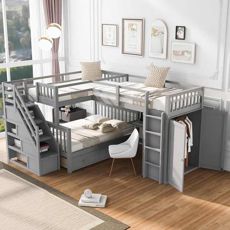Gray L-Shaped Triple Bunk Bed with Wardrobe and Desk