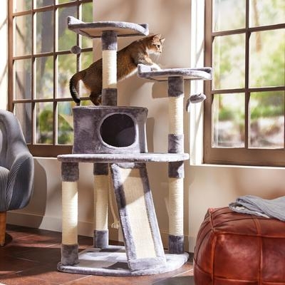 Gray Plush Cat Tree Tower with Integrated Climbing Ramp