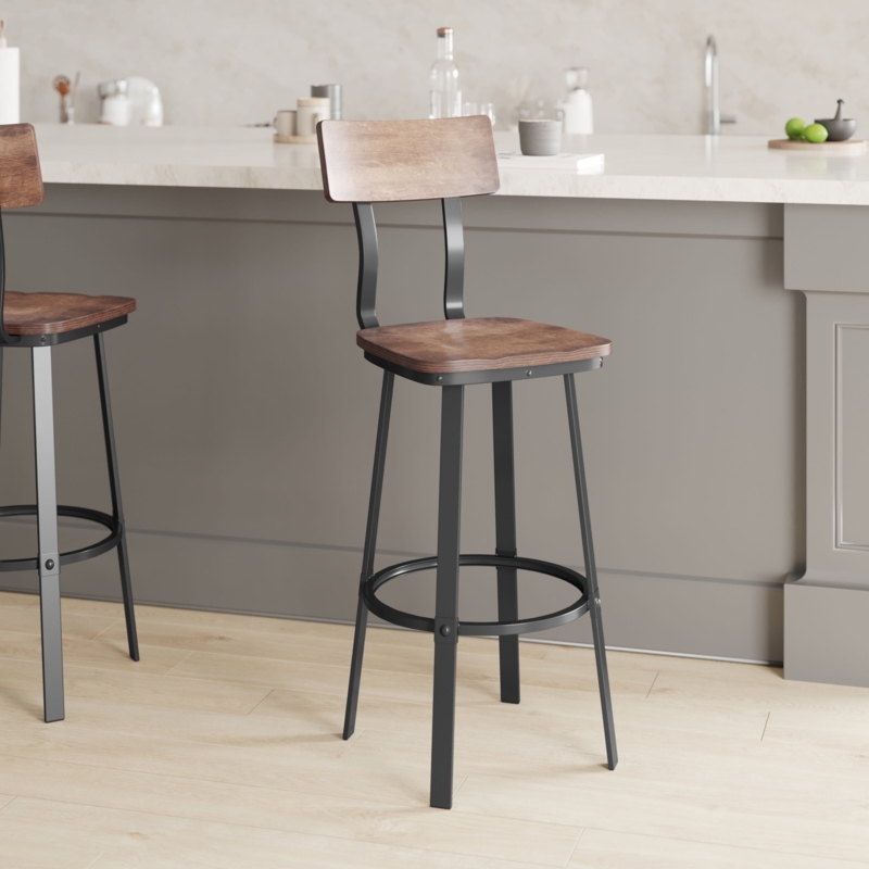 Gray Powder Coated Counter Stool with Wood Back and Seat