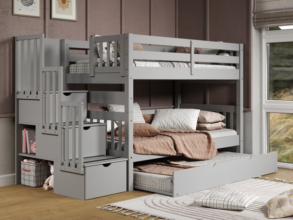 Gray Stairway Bunk Bed with Pull-Out Trundle and Storage
