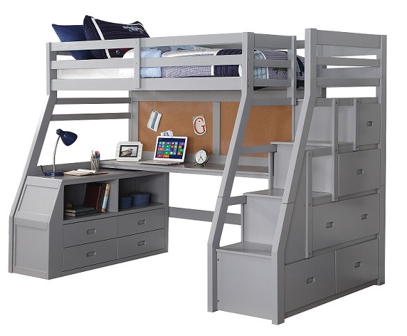 Gray Twin Loft Bed with Storage Stairs, Desk and Corkboard Panel