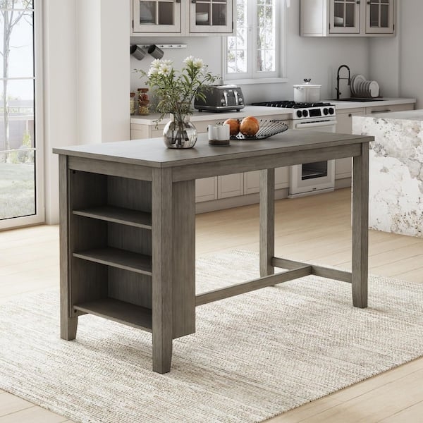 Gray Wood Dining Table with Three-Tier Side Shelving and Tapered Legs