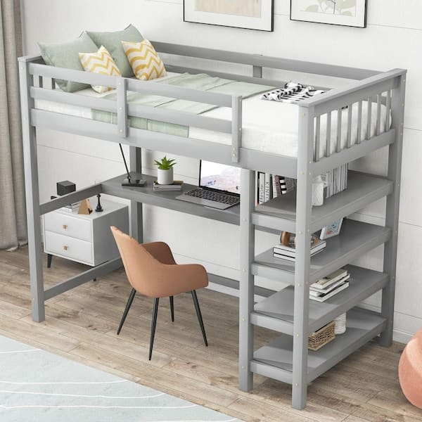Gray Wood Loft Bed with Under-Bed Desk and Side Storage Shelves