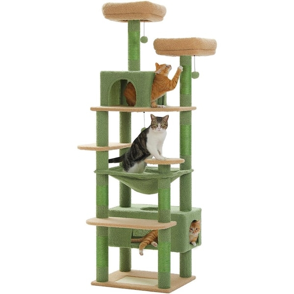 Green Cactus Cat Tree Tower with Integrated Fabric Hammock