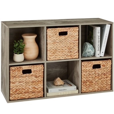 Greige Cube Bookshelf: 6-Cube Organizer with Woven Baskets