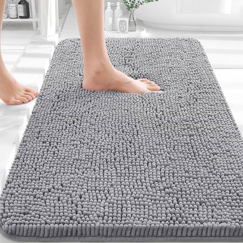 Grey Chenille Bath Rug, Plush Absorbent Bobble Texture