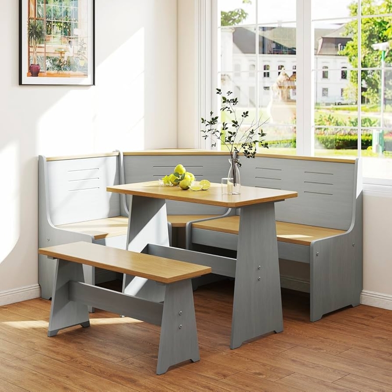 Grey Corner Dining Set Slatted Back Pedestal Base Modern Wood