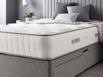 Grey Divan Bed with Channeled Headboard and Integrated Storage Drawers