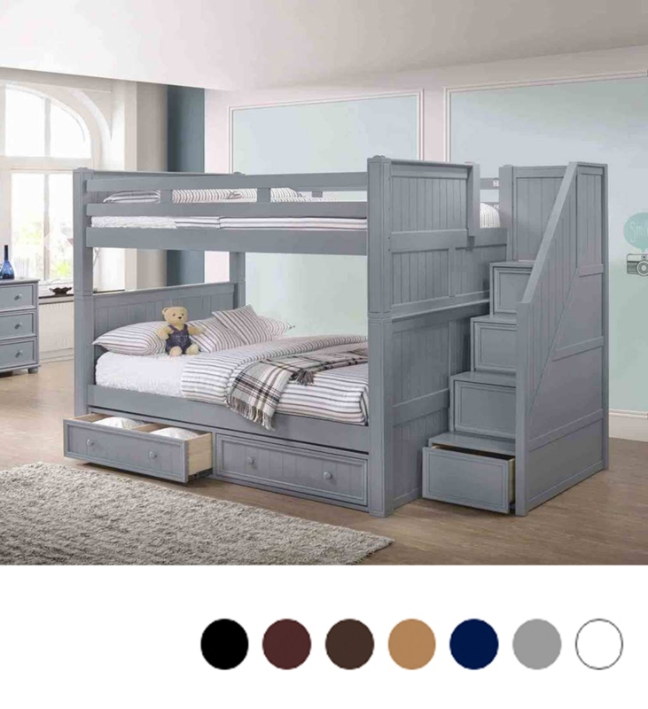Grey Full-Over-Full Bunk Bed with Staircase and Underbed Storage