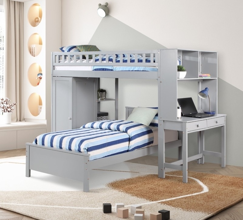 Grey L-Shaped Loft Bed Storage with Integrated Workspace Wardrobe