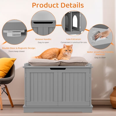 Grey Litter Box Enclosure, Waterproof Finish, Magnetic Double Doors