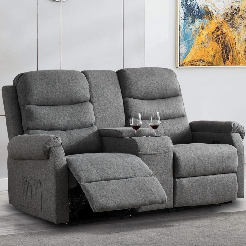 Grey Loveseat Recliner with Side Pocket and Storage Console