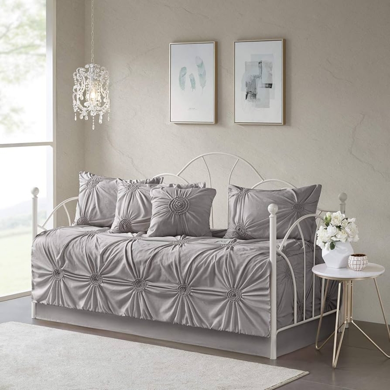 Grey Medallion Daybed Cover Tufted Rosette Pinched Pleats