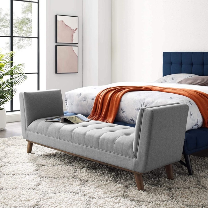 Grey Settee Bench with High Side Arms and Button Tufting