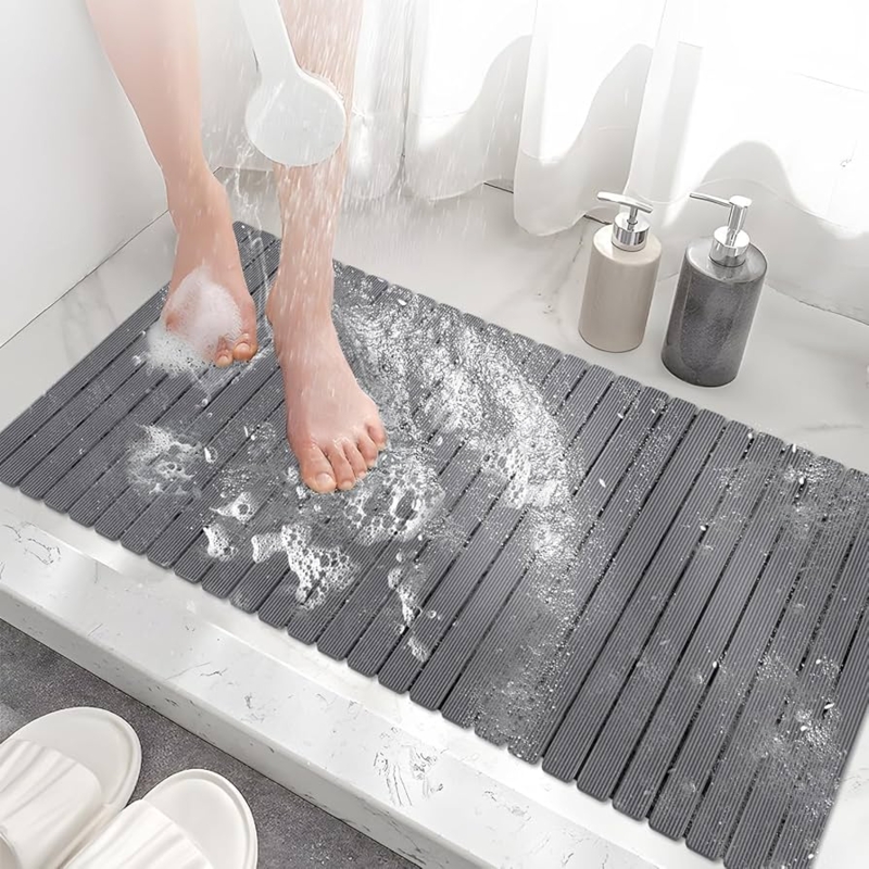 Grey Slatted Shower Mat, Modern Rollable Slate Design