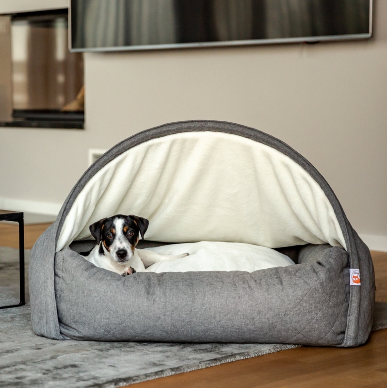 Grey Snuggle Dog Cave Bed with Diamond Quilted Base and Bolster Sides