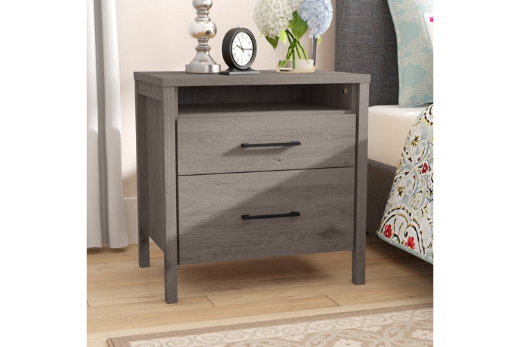 Grey Storage Nightstand Farmhouse Open Cubby Two Drawers Wood Tone