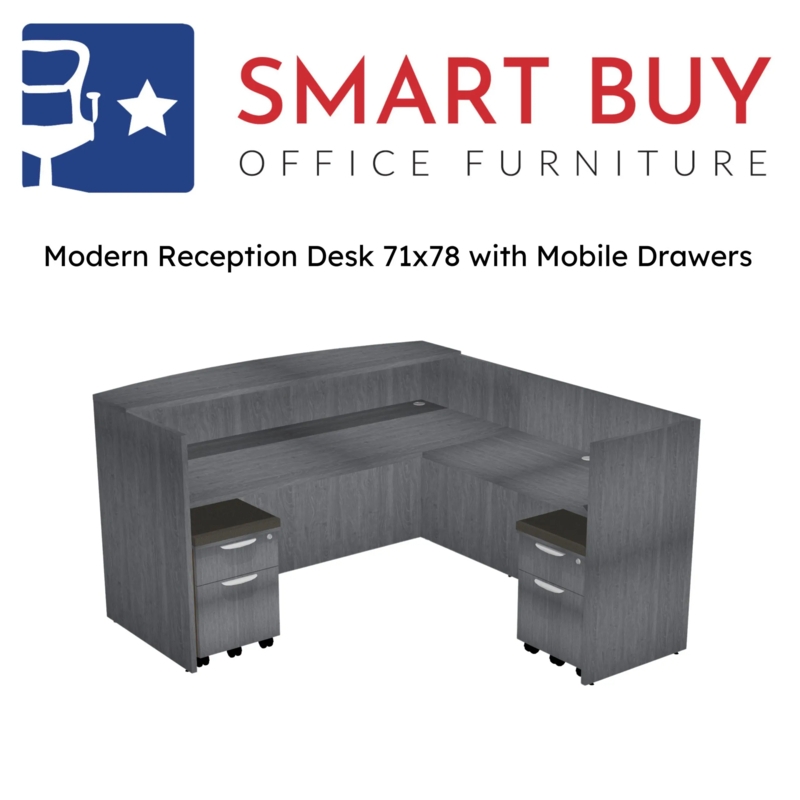Grey Wood Grain L-Shaped Reception Desk with Mobile Pedestals