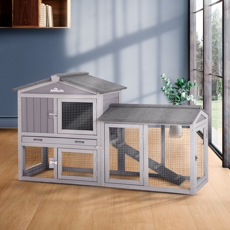 Grey Wooden Animal Hutch, Multi-Level Design - Grey Wooden Chicken Coop
