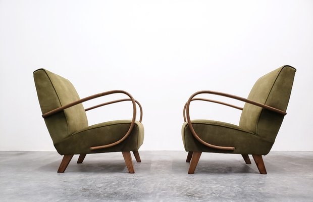 Halabala Bentwood Armchair: Forest Green Velvet, Cantilever Arms