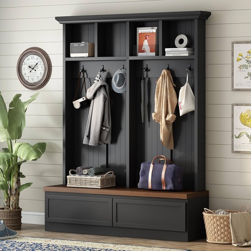 Hall Tree in Matte Black with Two-Tone Design and Wood Grain Bench