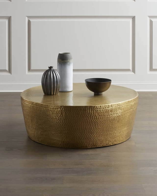 Hammered Brass Drum Table Artisan Dimpled Texture