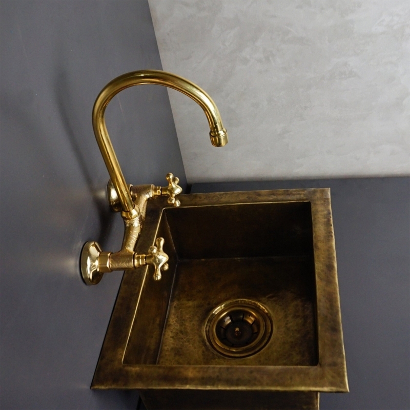Hammered Brass Kitchen Sink with Wall Mount Bridge Faucet