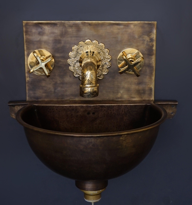 Hammered Brass Wall Mount Sink with Ornate Engraved Gold Faucet