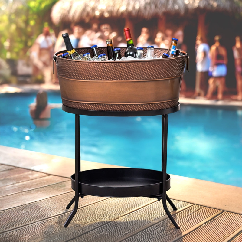 Hammered Copper Beverage Tub Foldable Iron Stand Two Tier