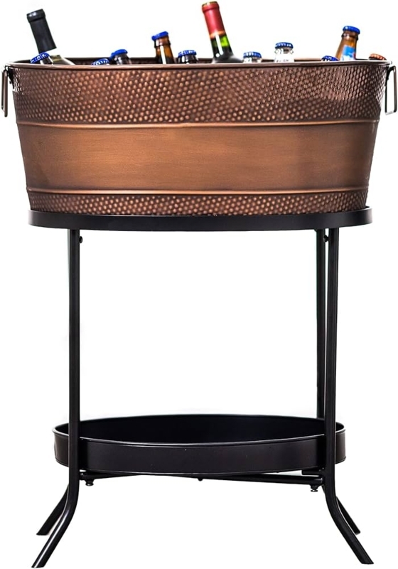 Hammered Copper Finish Beverage Tub Black Stand Lower Tray