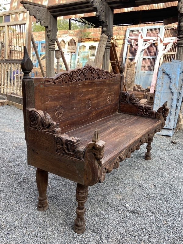 Hand Carved Bench Antique Zoomorphic Carvings Floral Backrest
