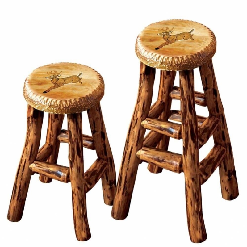 Hand-Carved Deer Wood Stool with Textured Log Edges Cabin Style