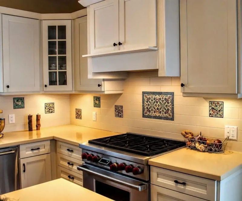 Hand Painted Ceramic Accent Tiles in Traditional Kitchen Backsplash Mural