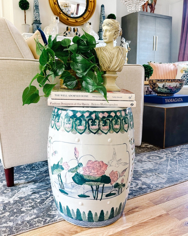 Hand-Painted Lotus Garden Stool with Crane Illustration