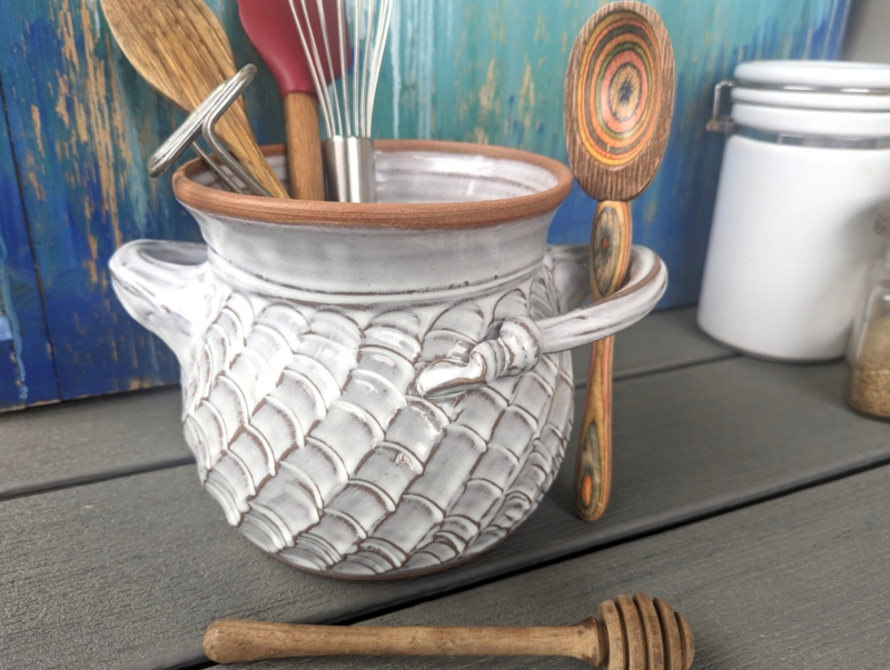 Hand Thrown Pottery Crock, Woven Texture with Terra Cotta Rim