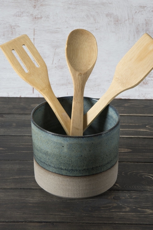 Handcrafted Utensil Crock, Two-Tone Speckled Teal and Matte Base
