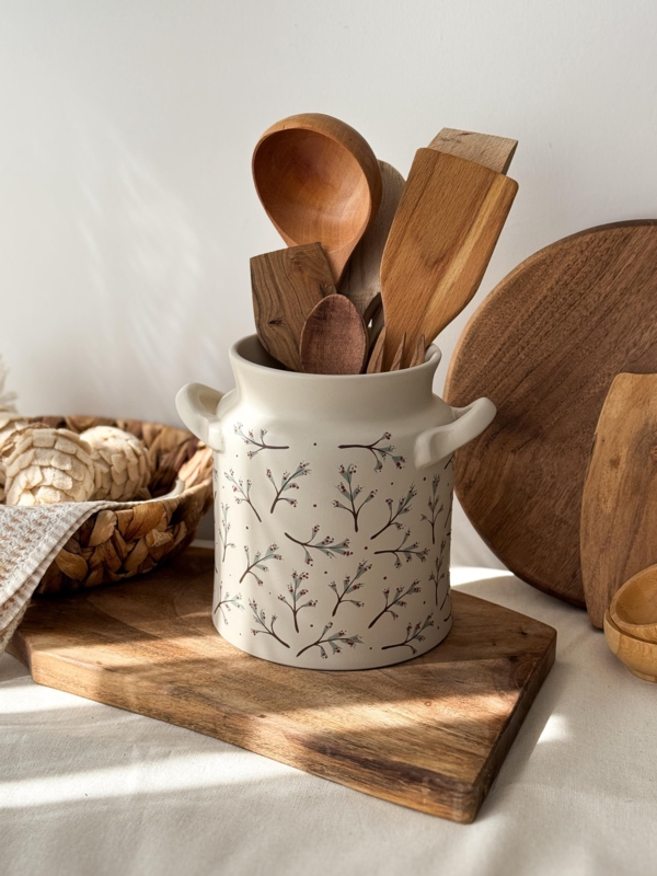 Handmade Ceramic Kitchen Crock, Hand-Painted Floral Berry Pattern