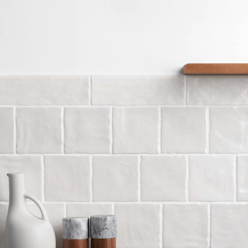 Handmade Off-White Square Wall Tiles with Bullnose Trim and Wavy Edges