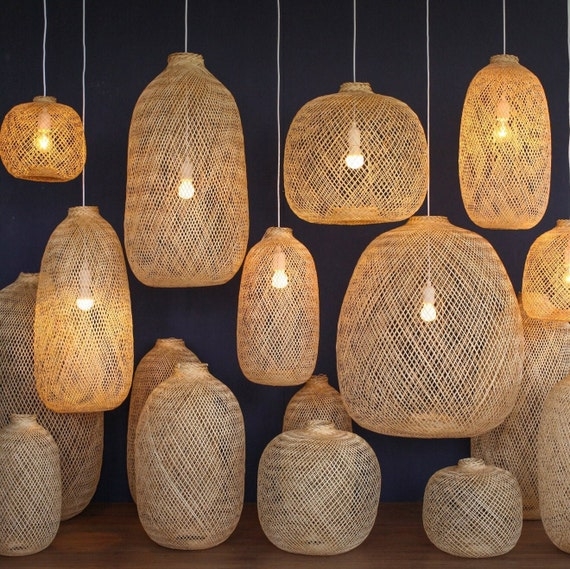 Handwoven Bamboo Pendant Lights Variable Shapes White Cords