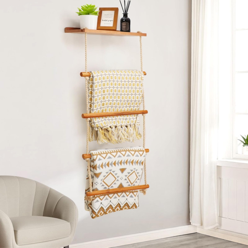 Hanging Blanket Ladder Rope Suspended Wall Mounted Shelf Boho Style