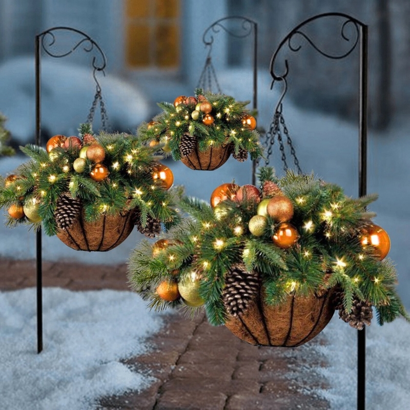 Hanging Christmas Basket: Shepherd hooks, copper ornaments, LED lights.
