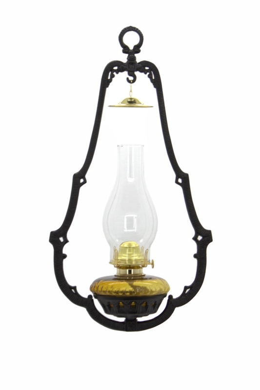 Hanging Lamp Ornate Black Frame Amber Glass Fount Scrollwork