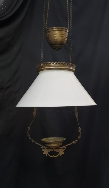 Hanging Oil Lamp Foliate Scrollwork Milk White Shade Counterweight