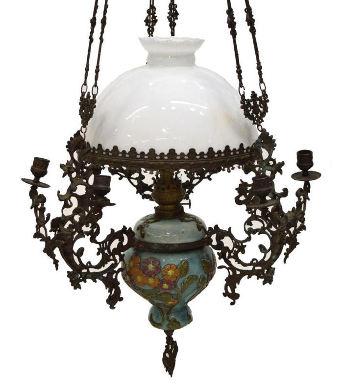 Hanging Oil Lamp Hand Painted Ceramic Candle Sconces Scrolled Metal