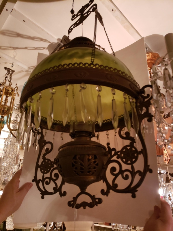 Hanging Oil Lamp Moss Green Shade Crystal Prisms Filigree Cage