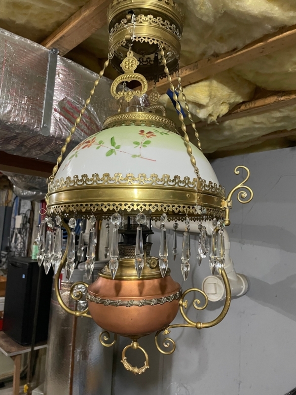 Hanging Oil Lamp Pierced Metal Galleries Hand Painted Shade Prisms