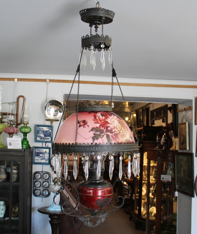 Hanging Oil Lamp Ruby Red Font Floral Enameled Shade Crystal Prisms